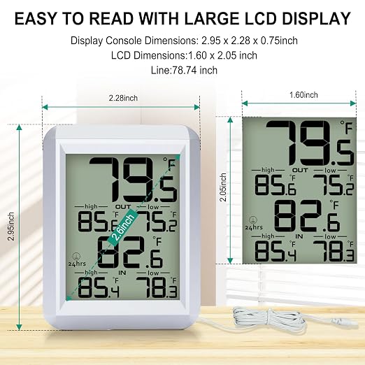 Urageuxy Digital Indoor Outdoor Thermometer Wired, Indoor Outdoor Temperature Monitor with Min/Max Record and Probe Sensor for Home, Office, Greenhouse, Aquarium, Refrigerator, Freezer (White)