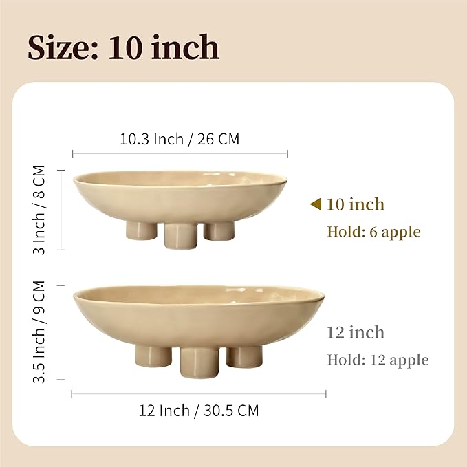 Three-Leg Ceramic Fruit Bowl, 10 Inch Oval Serving Dish for Kitchen Counter, Candy or Key Holder, Home Decor Accent Beige
