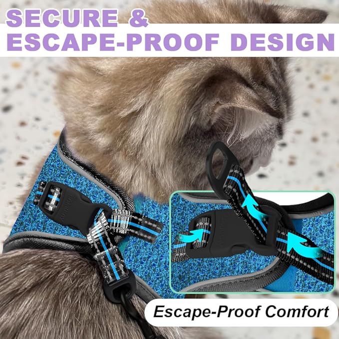 Cat Harness and Leash Set,Escape Proof Kitten Harness,Step in Adjustable Soft Lightweight,Easy Control,Reflective Strips Comfortable for Walking Travel(Blue/Black,M)