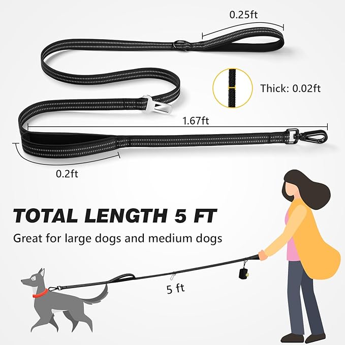 WINGOIN Dog Leash for Large Medium Small Dogs, Heavy Duty Dog Leashes with Double Handle, Poop Bag Holder, Car Seat Belt Buckle, Reflective Tactical Pet Lead for Walking, Training (Black, 5FT)