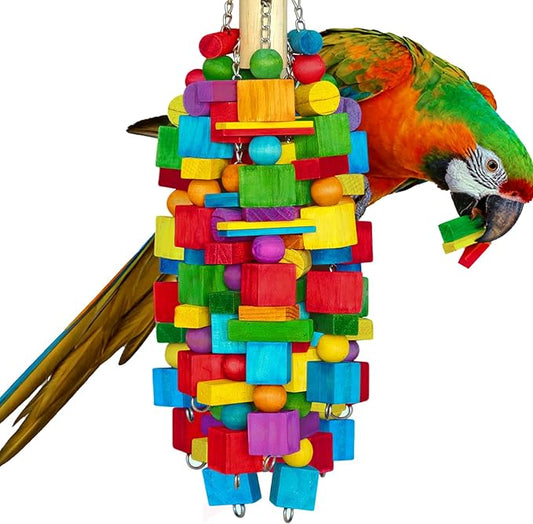 Large Parrot Chew Toy, 20 in 1.65 lb Natural Wood Blocks with Stainless Steel Chain, Bird Foraging Cage Toy for Macaws, Cockatoos, African Greys