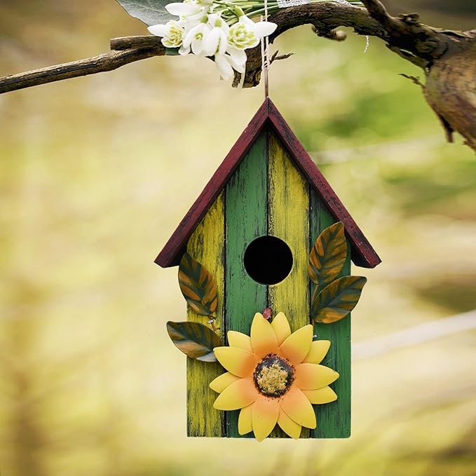Linfevisi Wooden Bird House Bluebird Nest Box Birds Boxes Home Wood Birdhouses Hanging Outdoor Decorative for Wren Finch Chickadee Sparrows Cardinals Garden Tree 9.37 Inch Tall(Green)