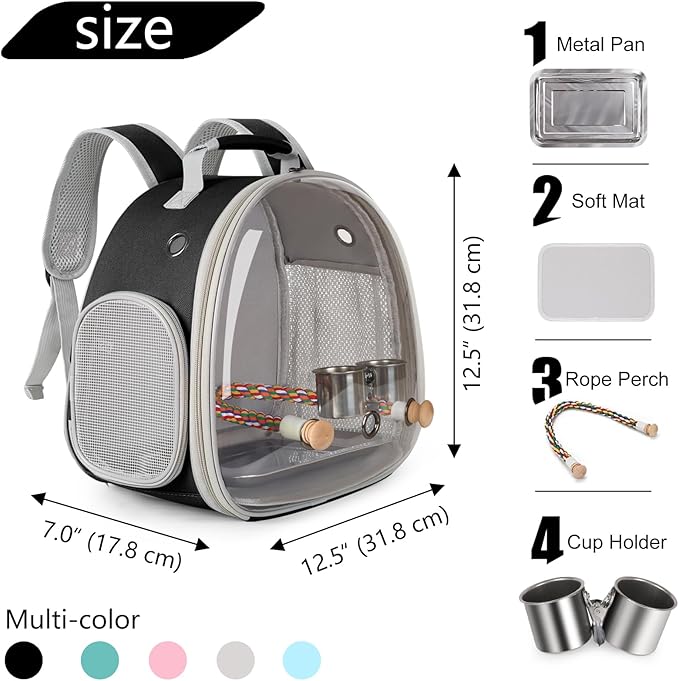 Bird Travel Carrier Backpack, Metal Tray and Clamp Cups Bundle, Clear Bubble Window Space Capsule Astronaut Liked Vet Carry Book Bag to Carry and Transport Parakeet Parrot (Black, Metal Tray + Cups)