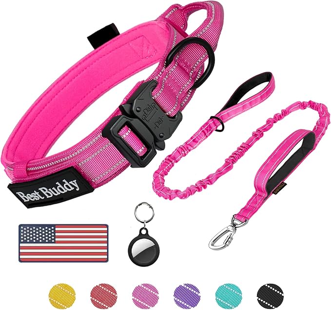 AUBELL Tactical Dog Collar and Leash Set, Reflective Adjustable Heavy Duty Military K9 Collars with Handle and Metal Buckle for Medium Dogs, with Airtag Case and 2 Patches(Pink,M)