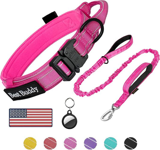 AUBELL Tactical Dog Collar and Leash Set, Reflective Adjustable Heavy Duty Military K9 Collars with Handle and Metal Buckle for Medium Dogs, with Airtag Case and 2 Patches(Pink,M)