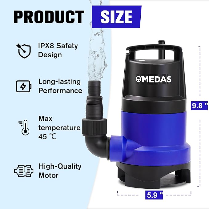 MEDAS 1HP 3434 GPH Sump Pump Submersible Clean/Dirty Water Pump Portable Utility Pump with 16.4ft Cord for Swimming Pool Garden Basement Tub Pond Draining