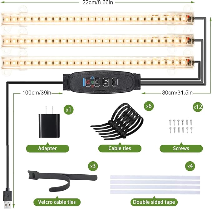 8.6'' LED Grow Light Strips, Full Spectrum 3500K Grow Lights for Indoor Plants, 3 Head with 3/9/12H Timer, 10 Dimmable Levels, Suitable for Seedling, Succulent, Plant Shelf and Greenhouse, 1-Pack