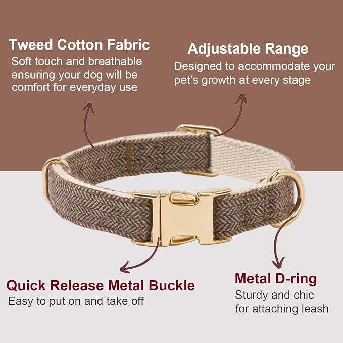 Soft Cotton Hemp Dog Collar with Metal Buckle Adjustable Tweed Dog Collars for Small Medium Large Dogs(Coffee,Small)
