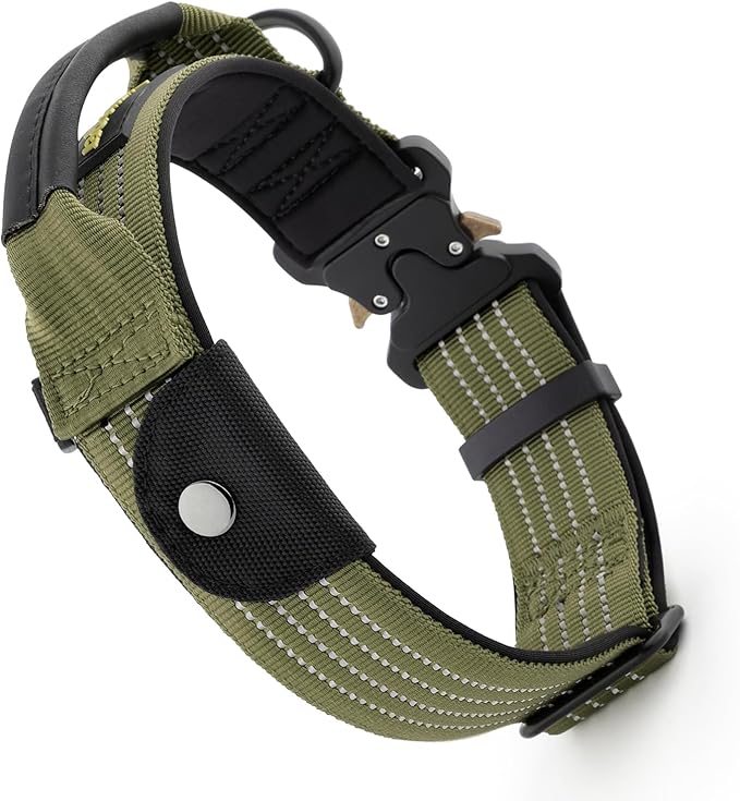 Plutus Pet Tactical Dog Collar with Tracker Pocket for AirTag, Adjustable Reflective Nylon Collar, Metal Buckle, Leather-Wrapped Handle, Soft Padded for Medium Large Dogs (Ranger Green, M)