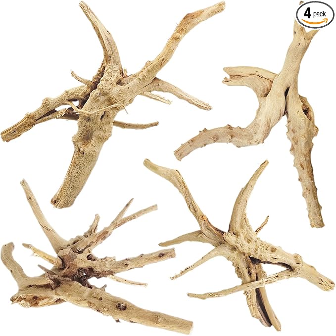 Tfwadmx Natural Driftwood for Aquarium, 6-8" 4 Pcs Wood Aquarium Decorations Fish Tank Log Reptile Tree Branches, Assorted Spider Wood Branch
