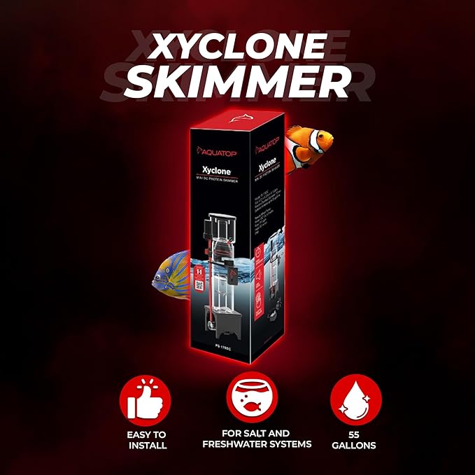 Aquatop Xyclone Mini DC Protein Skimmer – Filtration for Saltwater Aquariums – Ultra-Quiet Operation – Up to 55 Gal – Hang-On or in-Sump Installation