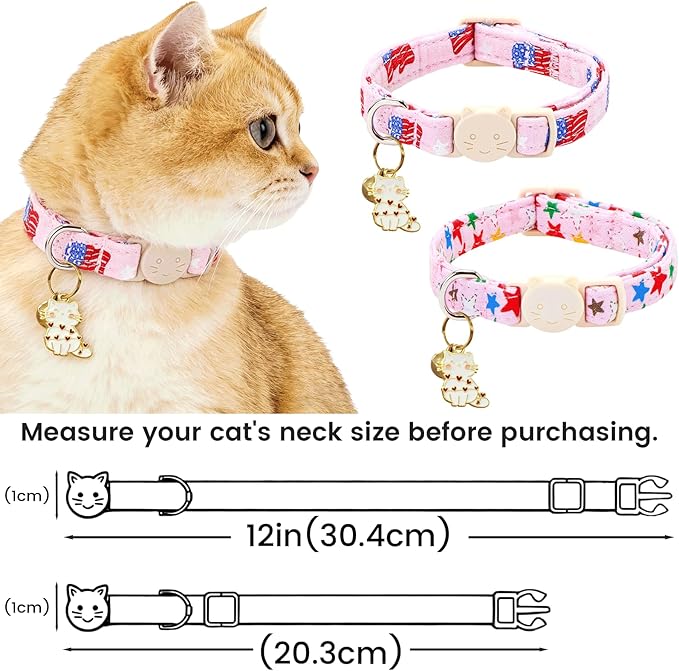 Elegant little tail Independence Cat Collar- 2 Pack Flag Print Cotton Breakaway Cat Collars with Bell Pendant Kitten Boy Girl Safety Adjustable Collar for Small Cats Puppy