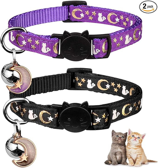 Baeuppit 2PCS Breakaway Cat Collars with Bell Moons Stars Cute Kitty Adjustable Safe Kitten Collars with Pendant Glow in The Dark(Black&Purple)
