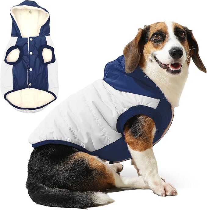 Vecomfy Fleece Lining Extra Warm Dog Hoodie in Winter for Large Dogs Jacket Pet Coats with Hooded,Beige and Blue XL