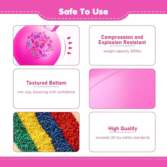 Hopper Ball, Pink Butterfly Hopping Toys for Kids, 20 Inch Bouncy Ball with Handle, Indoor Outdoor Inflatable Hippity Hop Toy for Girls Boys Gift with Free Pump