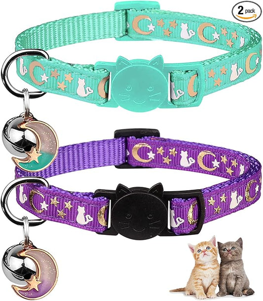Baeuppit 2PCS Breakaway Cat Collars with Bell Cute Kitty Glow in The Dark Adjustable Kitten Collars 7.9-13.0 Inch(Teal&Purple)