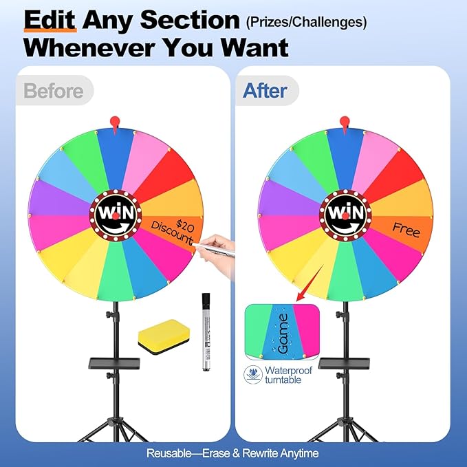 EMART 24-inch Spinning Prize Wheel, 14 Colors Adjustable 34"-60" Spin Doodle Game Spinner with Folding Tripod Stand for Party, Trade Show, Family with Portable Bag