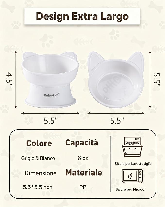 MateeyLife Elevated Cat Bowls, 2P Raised Food and Water Bowl Set for Indoor Cats & Small Dogs, Whisker Fatigue Cat Bowl, Anti Vomit Feeding Pet Bowls, 6 oz Each, Dishwasher Safe - White & Grey