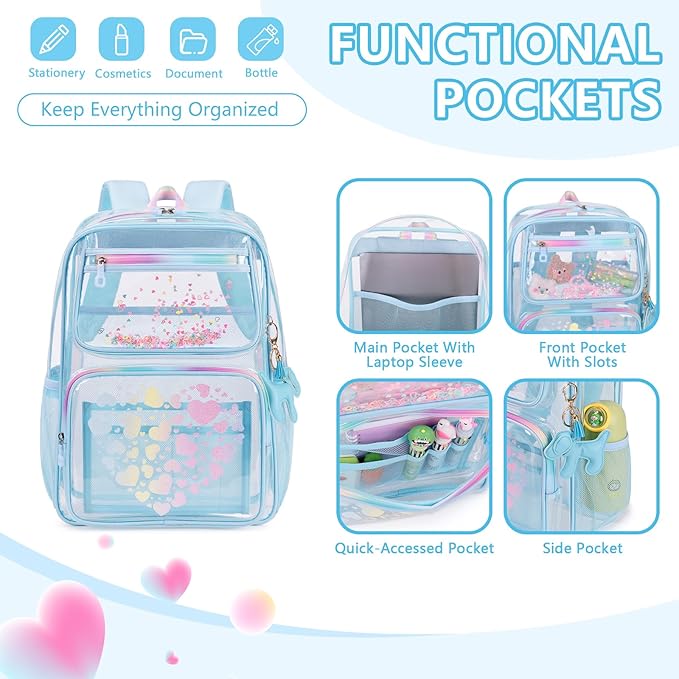 MOONBABY Clear Backpack for School Girls, Heavy Duty TPU Transparent Backpack Stadium Events Approved, Clear Bookbag