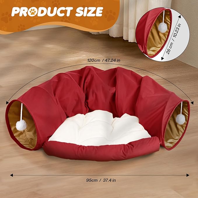 Spardar Bunny Tunnel Bed, 2-in-1 Collapsible Tunnel Tubes Toys, Washable, with Removable Mat Hideout, Interactive Toys for Rabbits Chinchilla Hedgehog Guinea Pigs Kitty, Red