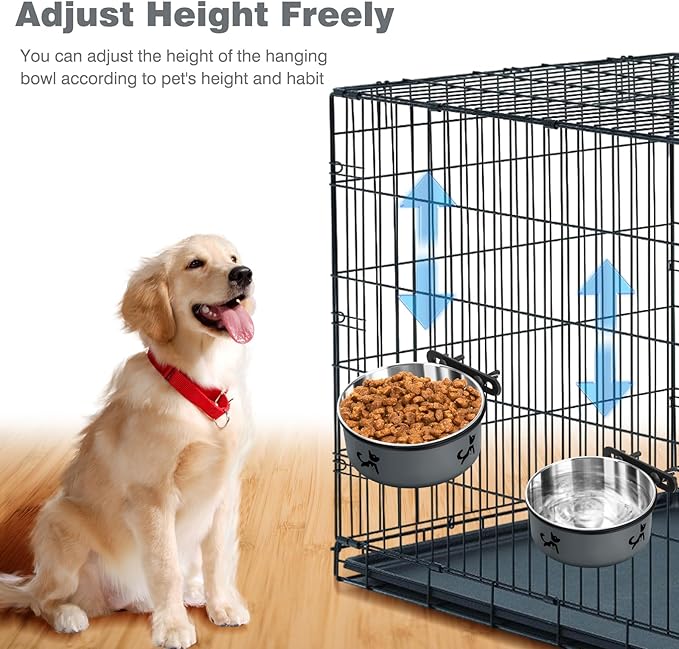 Dog Crate Bowls Hanging No Spill, Set of 2 Dog Crate Water Bowl, Kennel Bowls Mountable, Stainless Steel Pet Cage Accessories Feeder Water Food Dish Coop Cup for Cat Puppy Bunny Guinea Pig Ferret