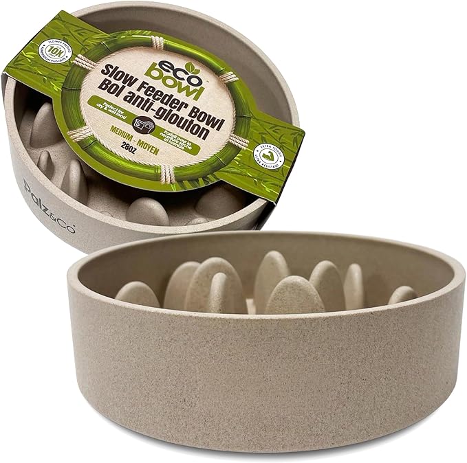 Palz&Co EcoBowl Slow Feeder for Dogs & Cats, 28 oz Beige - Natural Bamboo Puzzle Pet Bowl with Non-Slip Base for Slower Eating & Better Digestion, Dishwasher Safe