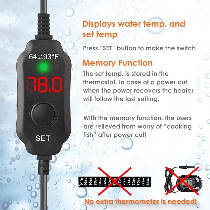 200W Compact Aquarium Heater for 20-40 Gallon Tanks | Submersible Fish Tank Heater with LED Digital Thermostat, Dry-Run & Overheat Protection, Memory Function