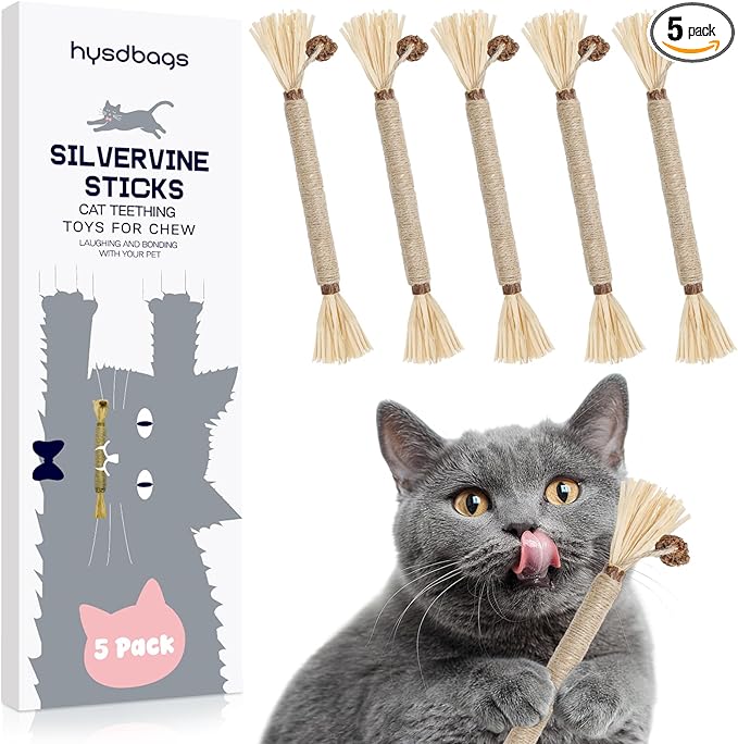 5 Pack Silvervine Sticks Cat Toys, Natural Chew Kitten Teething Toys for Cleaning, Matatabi Catnip Treat Toys, Catmint Silver Vine Sticks for Bored Indoor Kitty