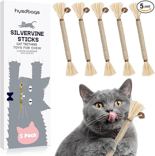 5 Pack Silvervine Sticks Cat Toys, Natural Chew Kitten Teething Toys for Cleaning, Matatabi Catnip Treat Toys, Catmint Silver Vine Sticks for Bored Indoor Kitty