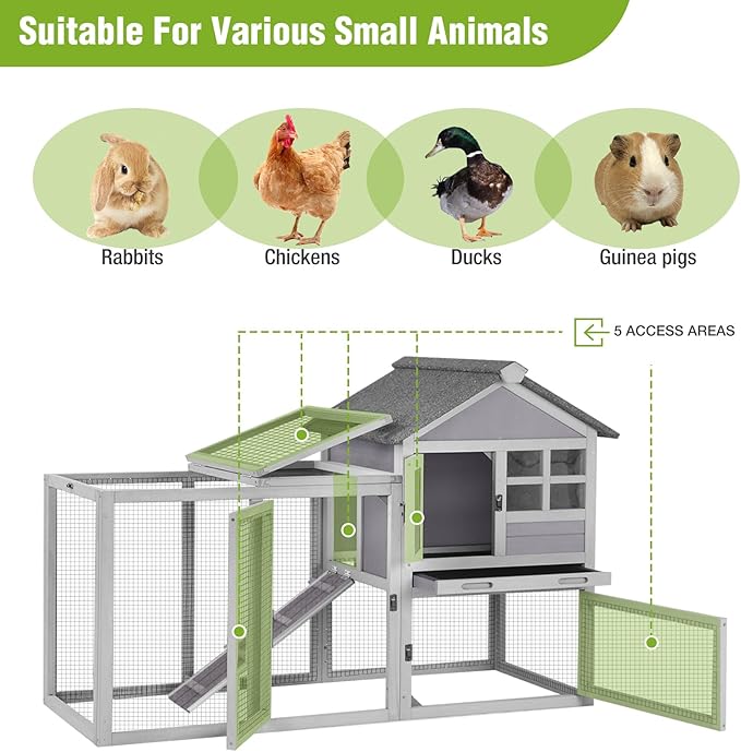 Rabbit Hutch Indoor or Outdoor, Wooden Bunny Cage with Chew-Proof Ramp, Mobile Rabbit House with Wheels, Guinea Pig Cages with Leakproof Tray and Waterproof Roof (Grey)