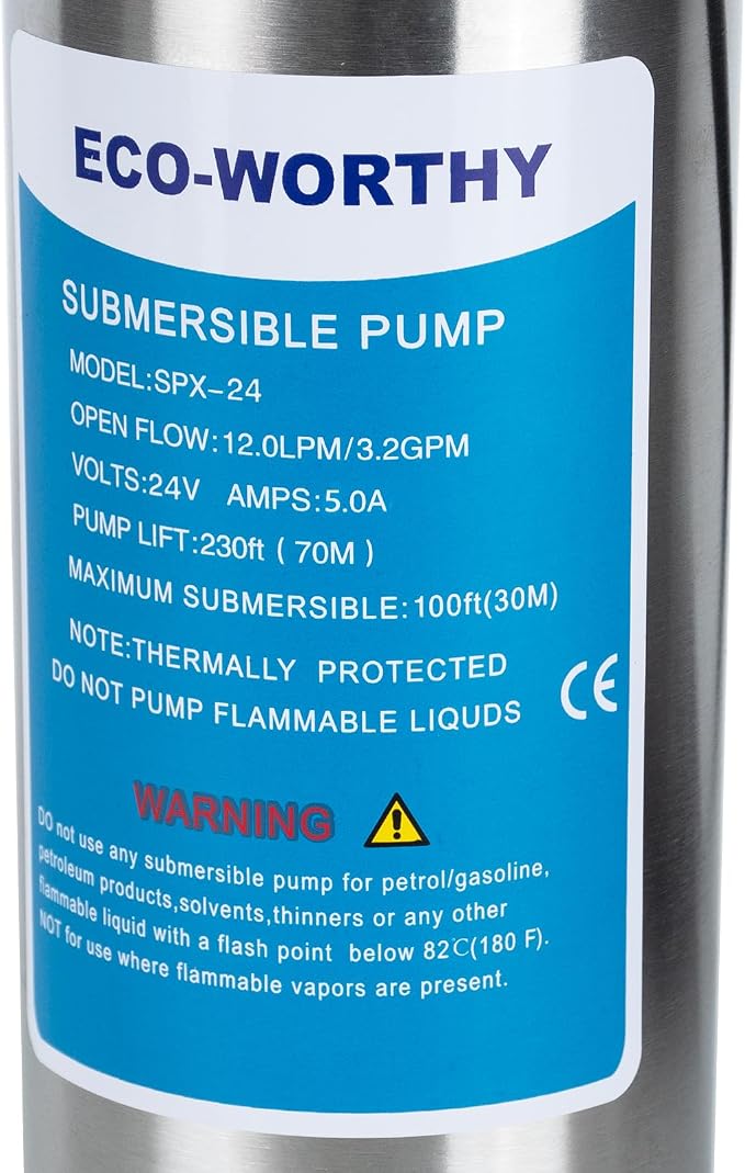 ECO-WORTHY 24V Well Pump 3.2GPM 4" Stainless Steel, Max Lift 230FT Deep Well Water Pump/Alternative Energy Solar, Well Pump Solar Water Pump