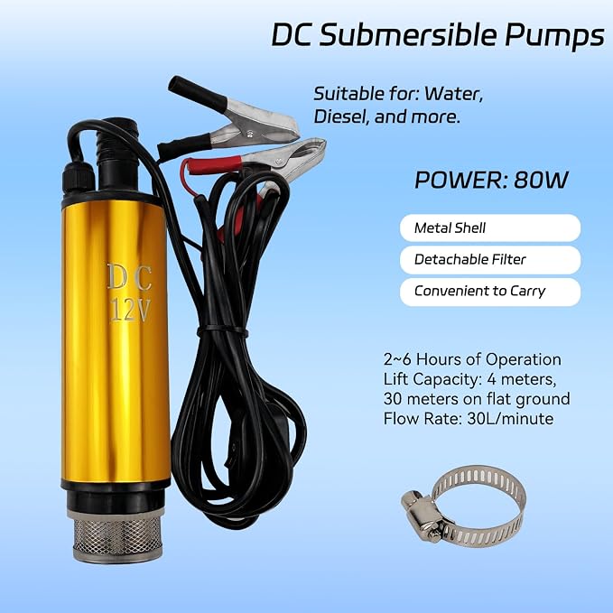 12V 80W Submersible Transfer Pump Water Diesel Oil for Auto Marine Farm | Eelectric transfer pump, 8A current, handles water,ideal for automotive, marine, agricultural irrigation and more