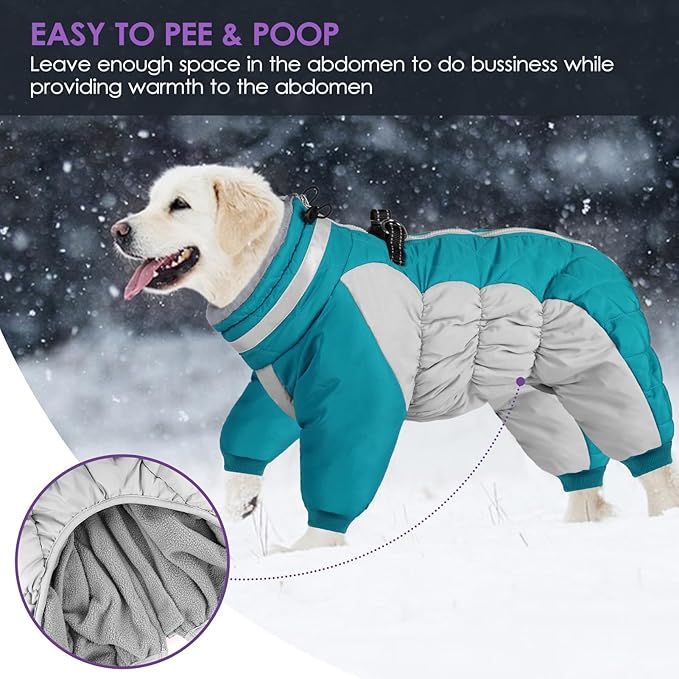 Full Body Dog Coat - Warm Fleece Jacket for Large Dogs, Turtleneck Winter Coats with Harness, Reflective Dog Snowsuit Windproof Puffer Jackets with Legs for French Bulldog, Turquoise L