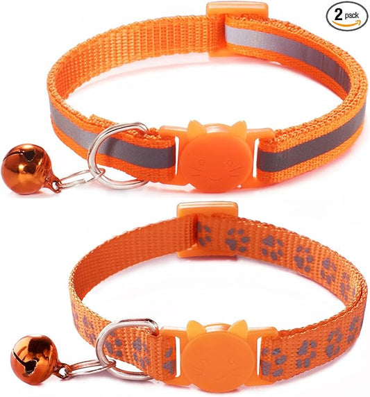 Orange Breakaway Kitten Collar with Bells, [2 Pack] Break Away Cat Collar with Bells, Reflective Cat Collar for Girl Cats Boy Kitty