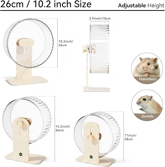 Quiet Hamster Wheel 10.2 Inch Dual-Bearings Silent Small Animals Running Exercise Wheel Height Adjustable for Syrian Hamsters, Gerbils, Rats, or Other Small Pets, Transparent