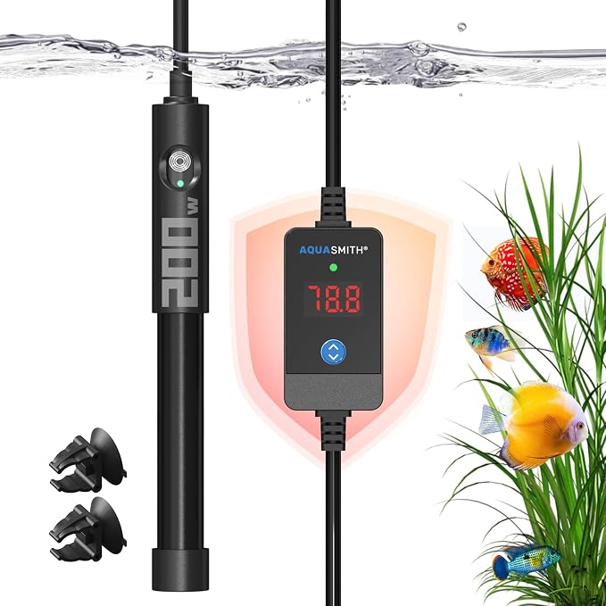 AQUASMITH 200W Aquarium Heater Precise Control Fast Heat Auto Off Anti Dry Burn 18-26Gal Tank | External LED precise temp control, fully submersible installation, explosion-proof tube for fresh & salt water