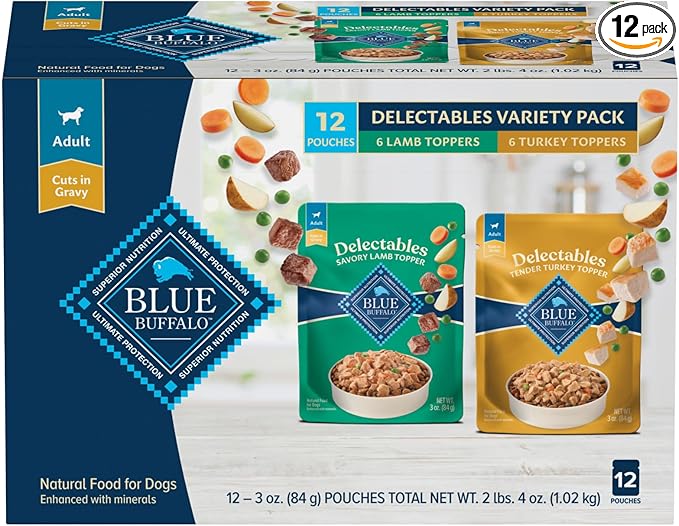 Blue Buffalo Delectables Natural Wet Dog Food Topper Variety Pack, Lamb & Turkey Dinner 3oz (12 Pack - 6 of Each Flavor)