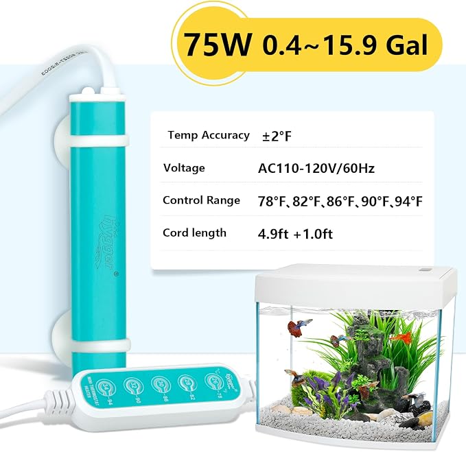 hygger Mini Submersible Aquarium Heater, Turtle and Betta Fish Tank Heater with Five-Key External Controller 78℉、82℉、86℉、90℉、94℉ for Freshwater Small Tank