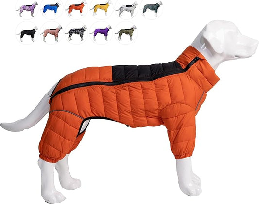 Warm Dog Coat, 4 Legs Covered Waterproof Windproof Reflective Vest, Zippered Adjustable Outdoor Snow Jacket for Small Medium Large Dogs, Orange M