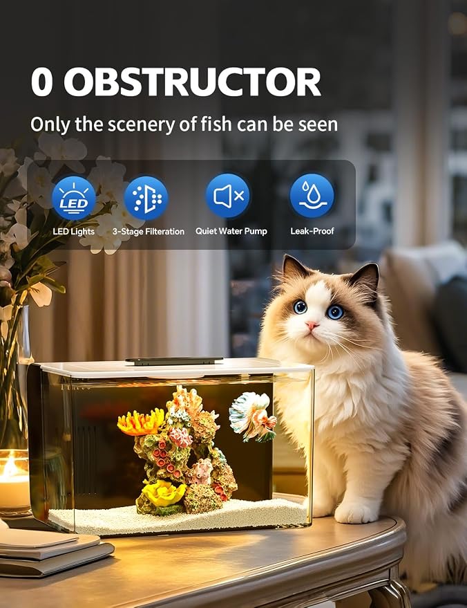 2.5 Gallon Fish Tank Kit with Heater for Betta, Shrimp, Guppy, Acrylic | Dry-wet Separation Filtration, Self-cleaning, Ultra-quiet, 3 Color Light, 10 Brightness, Adjustable Water Flow, Round Corner