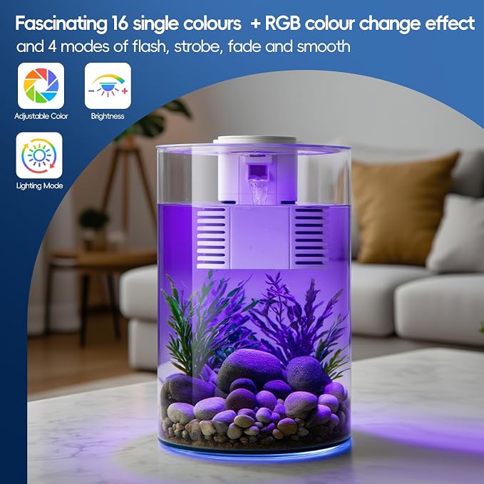 3 Gallon Self Cleaning Fish Tank, Aquarium Starter Kit for Betta, Shrimp & Small Fish, Nano Aquarium with Filter and Light (17 Color Choices),360 View for Small Fish, for Home, Office Best Gifts