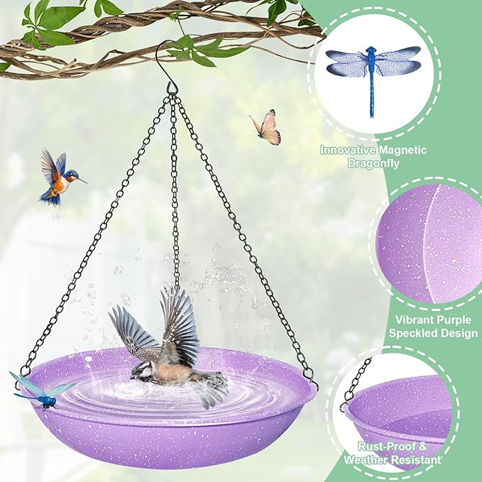 Hanging Bird Bath for Outdoors,Metal Birdbath Bowl with Magnetic Dragonfly Decor Garden Bird Feeder & Water Basin for Backyard,Patio,Decoration,11 Inch Purple Speckled
