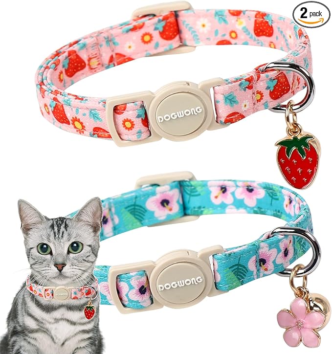 Cat Collar,2 Pack Pink Flower Cat Collars Breakaway with Bell, DOGWONG Safety Buckle Pink Flower Cat Collar for Girl Female Cats，Adjustable 7-12 Inch