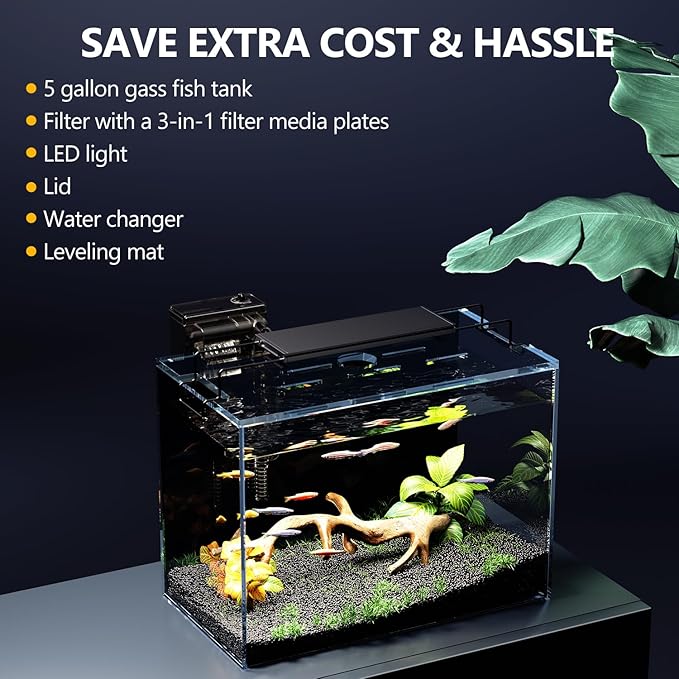 5 Gallon Fish Tank Kit with Filter Light with Timer, Lid Rimless Glass | Black Background, Low-iron Glass, 5 Brightness, Adjustable Water Flow, Self-cleaning, for Betta Shrimp Guppy Snails