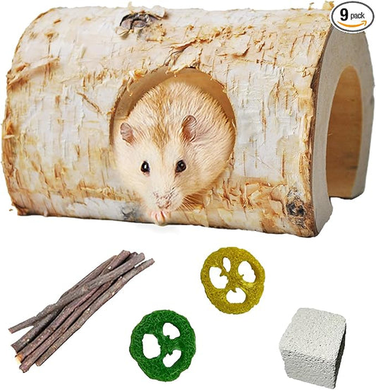 Natural Wooden Hamster Tunnels,Birch Wood Hamster Tube Guinea Pig Hollow Tree Hole Chew Toy Hideout Climbing Pet Cage Accessories for Hamsters Chinchillas Gerbils Dwarf Mice Rats