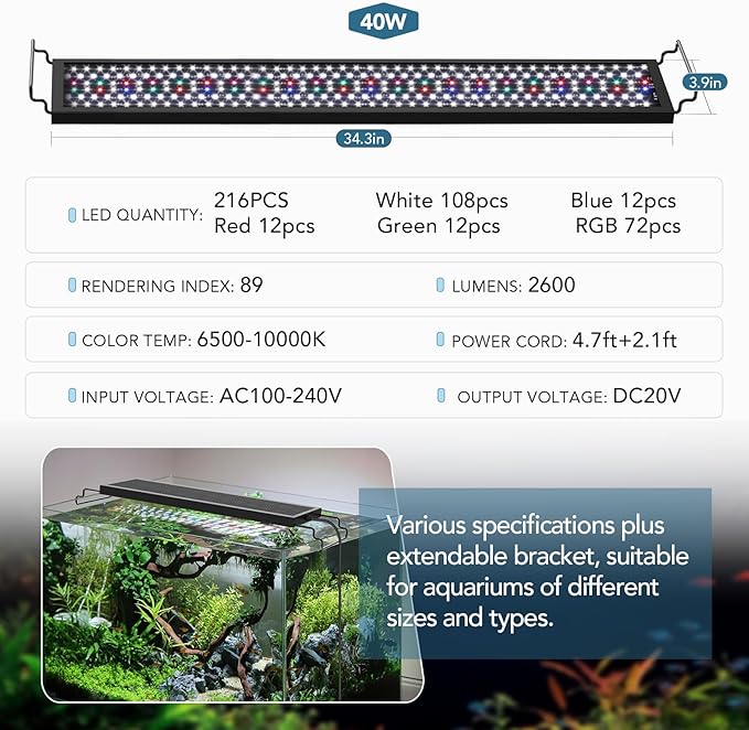 hygger Sun Moon LED Aquarium Light, Full Spectrum Fish Tank Light Day-Night Dual Timer, Adjustable 6 Timer 10 Brightness 8 Colors for Planted Freshwater Tank