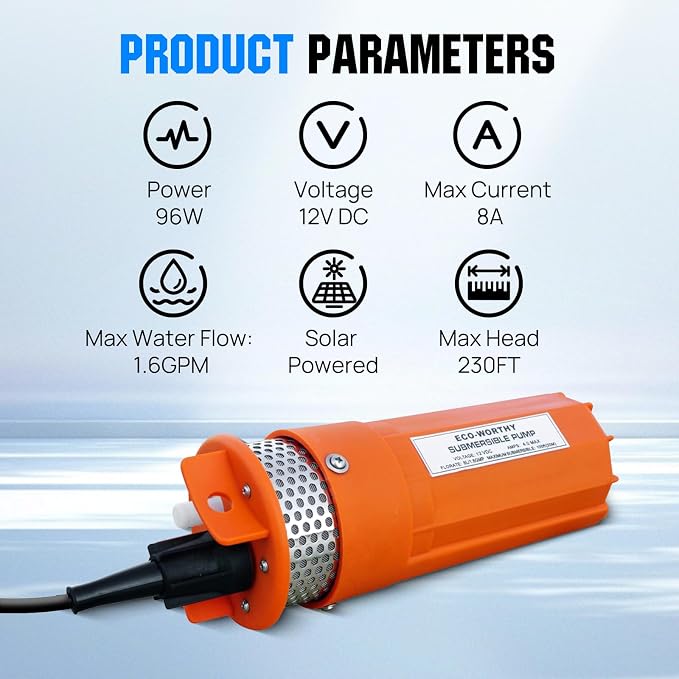 ECO-WORTHY 12V DC Submersible Well Water Pump with 10ft Cable, Water Flow 1.6GPM, Max Lift 100ft/30m, 96W Deep Well Pump for Irrigation, farm, ranch, home