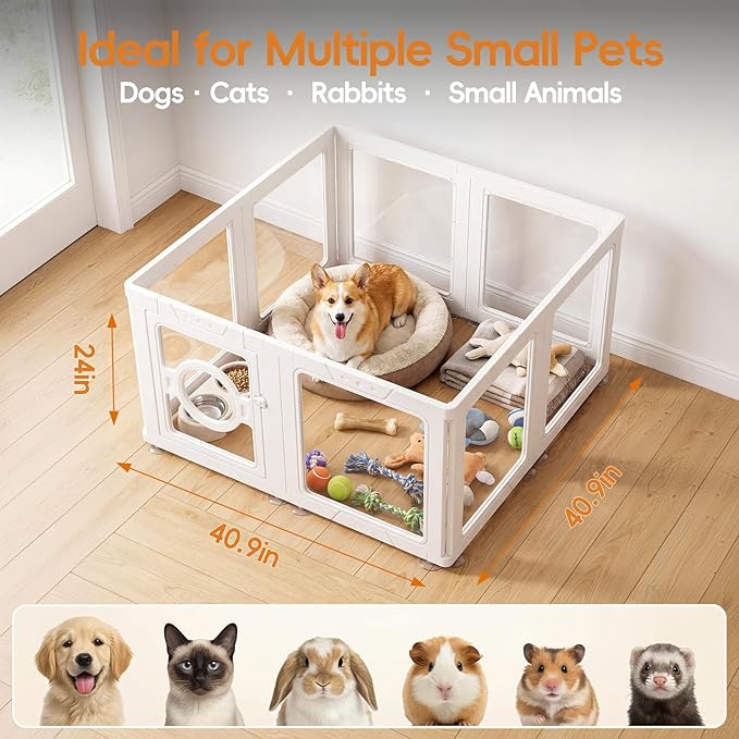JEKO&JEKO Clear Acrylic Dog Playpen Indoor, Transparent Pet Play Pen for Puppies, Small Dogs, Cats & Rabbits, Easy Assemble Plastic Dog Fence, Easy to Clean (White, 8 Panels)