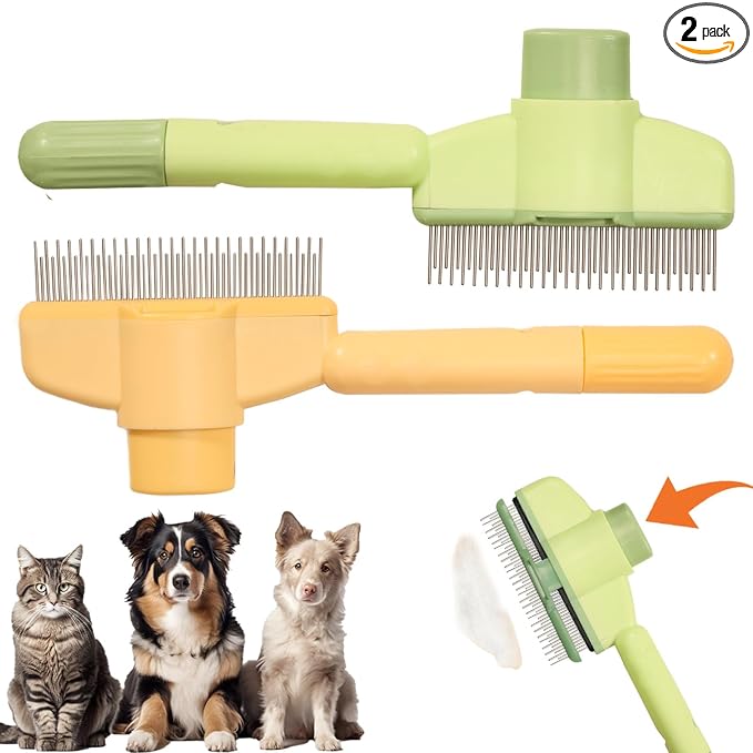 Cat Deshedding Comb, 2 Pcs Pet Hair Removal Tools for Cat/Dog with Two Layered Teeth, Portable Shedding & Grooming Supplies with Release Button for Long/Short Hair Indoor Cats, Kitten Brush