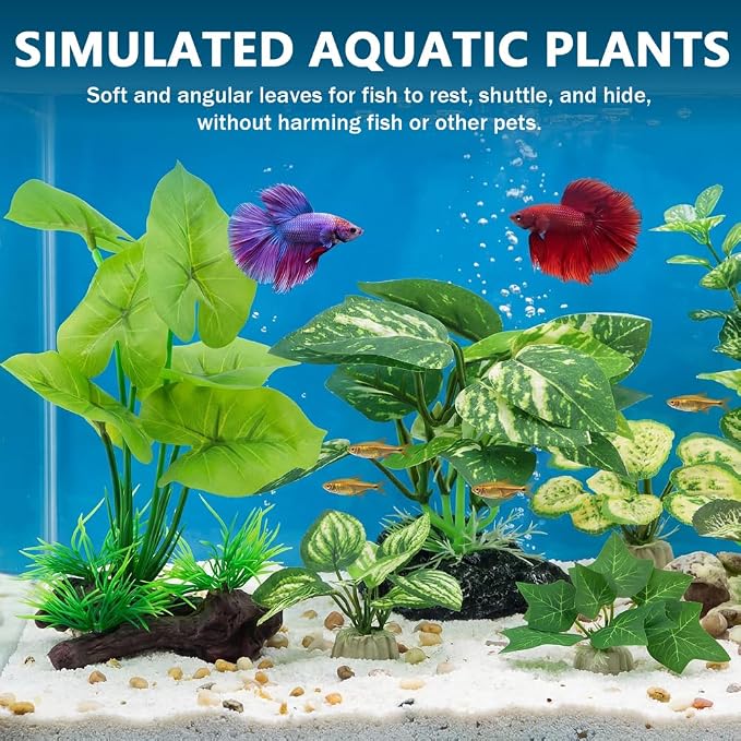 12pcs Artificial Silk Aquarium Plants Bettas Tank Accessories Green Fish Tank Plants Leaf Hammock Aquarium Decorations for Fish & Reptiles(Color:Green)